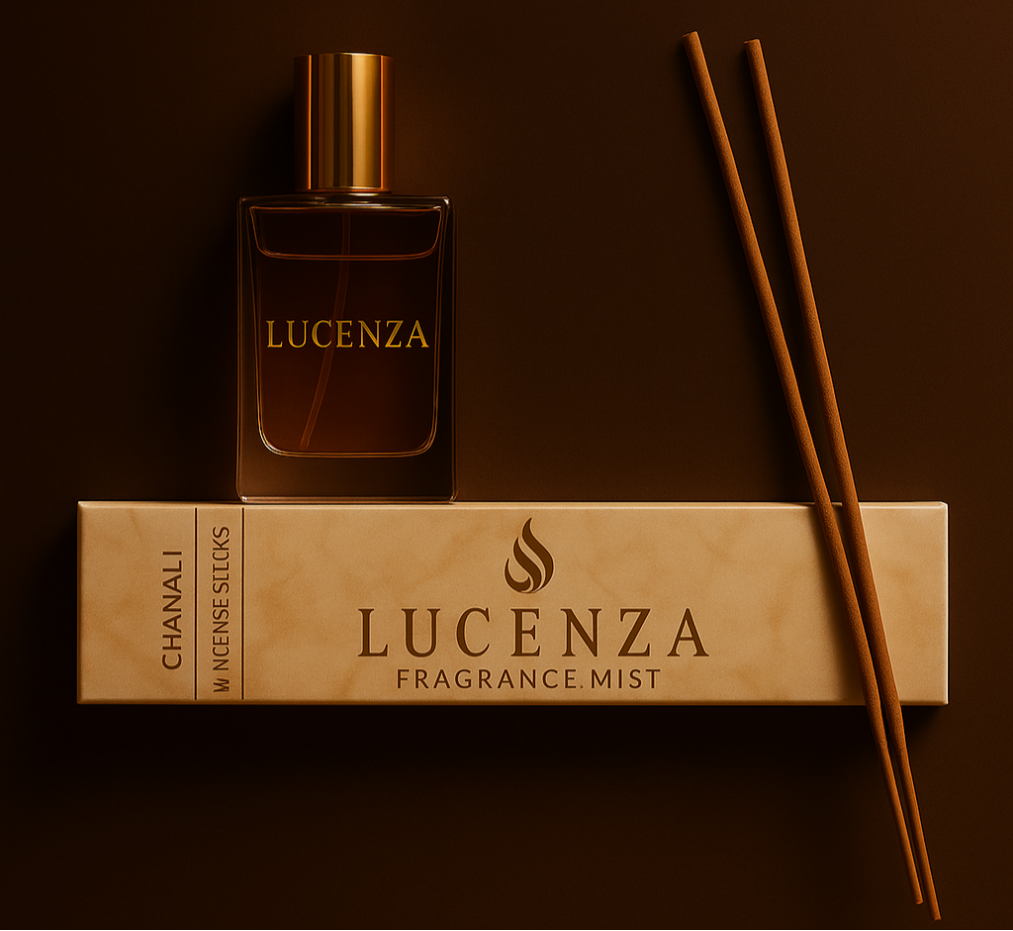 Lucenza fragrance mist bottle and packaging on a dark background